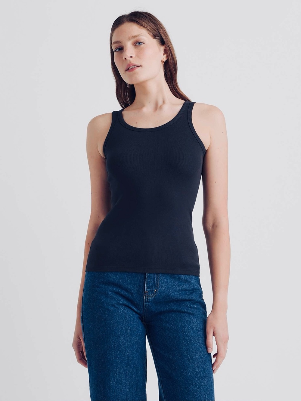 Quince Organic Cotton Micro Rib Scoop Neck Tank Black New
